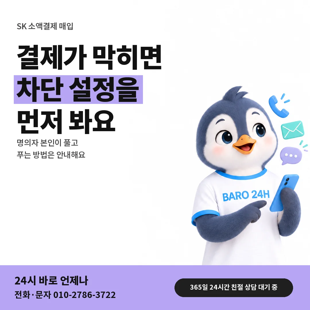 BARO 24H 티셔츠를 입은 3D 동물 캐릭터 옆에 「SK 결제 차단 풀기」 제목을 얹은 안내 카드